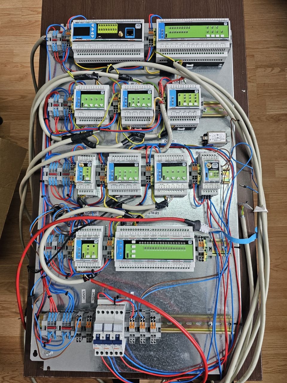 Wired HomeMaster control panel with MiniPLC, I/O modules and circuit protection
