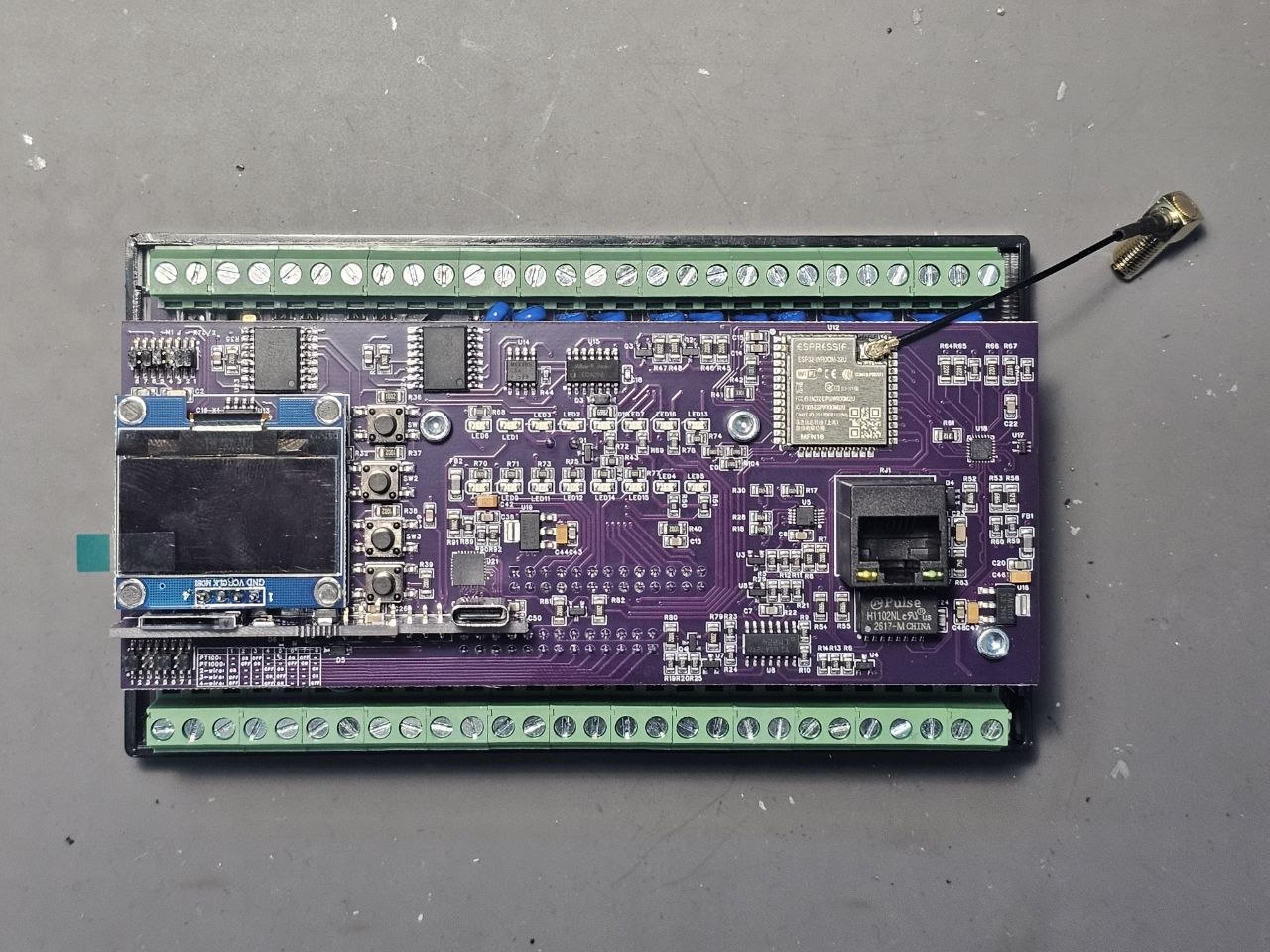 HomeMaster MiniPLC printed circuit board with ESP32, display header and field terminals