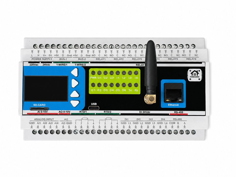 HomeMaster MiniPLC DIN-rail controller with display, relays and RS-485