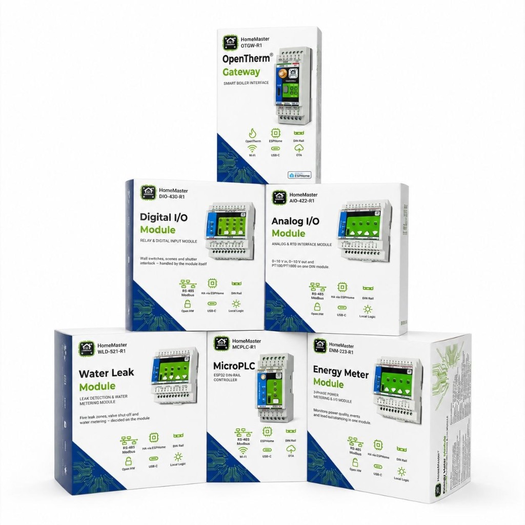 HomeMaster retail boxes for OpenTherm Gateway, Digital I/O, Analog I/O, Water Leak, MicroPLC and Energy Meter modules