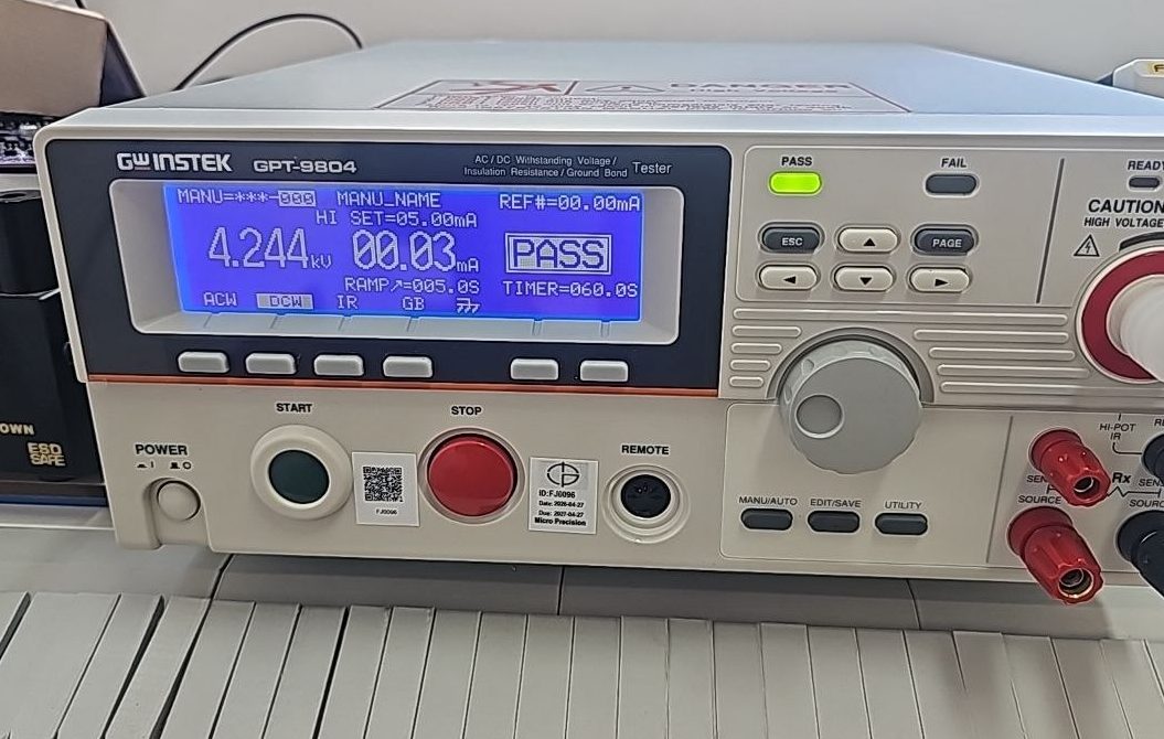 GW Instek GPT-9804 showing a 4.244 kV dielectric strength test passing at 60 seconds